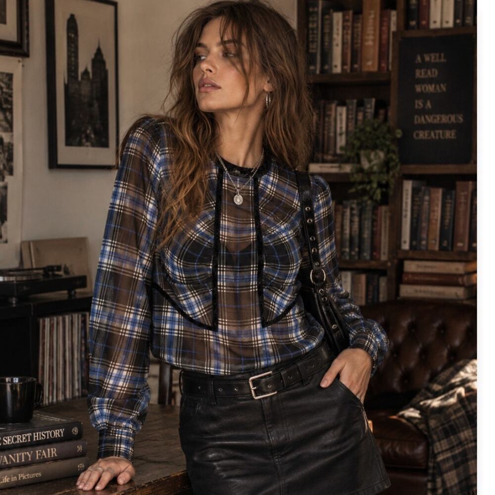 Maje Paris Sheer Plaid Blouse 2 Blue Black Corset Detail Dark Academia Y2K Luxe
